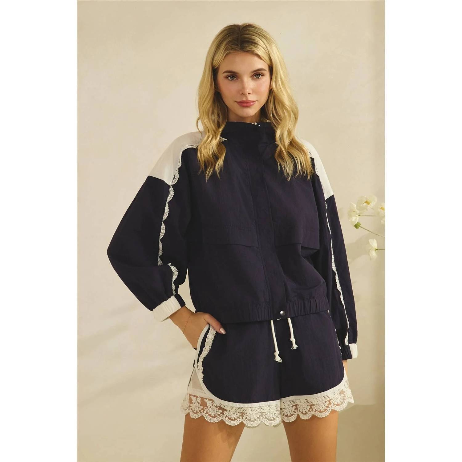 New Veveret Lace And Mesh Inset Track Jacket In Navy Ivory